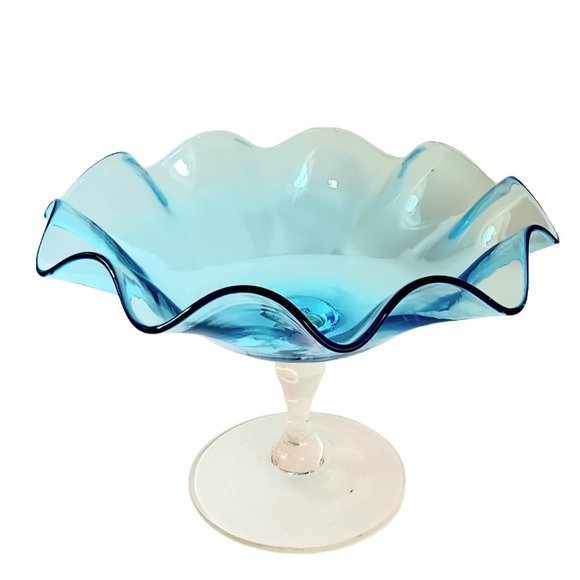Other - Blue Glass Hand Blown Ruffled Candy Compote Dish Clear Stem Mid-century Modern